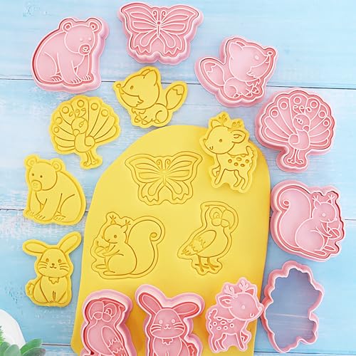 Woodland Animal Cookie Cutters 8 Pcs Deer Fox Squirrel Owl Cookie Molds | 3D Embossing Bear Rabbit Peacock Cookie Stamps, Great for Family Handmade Baking - color: Animal B