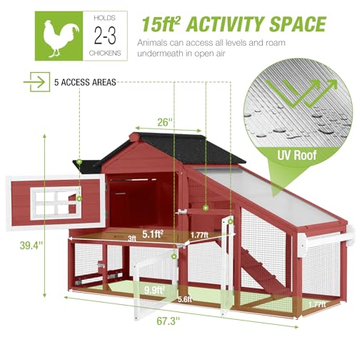 GUTINNEEN Chicken Coop Mobile Outdoor Chicken House Hen Coop with Wheels Nesting Box, Poultry Cage Duck House with Run(Red) - color: Red