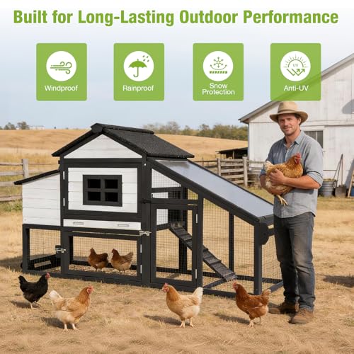 GUTINNEEN Chicken Coop with Wheels,Outdoor Hen House with Waterproof Asphalt Roof, Wooden Poultry Enclosure with Easy-Clean Slide-Out Tray,Poultry Cage with Nesting Boxes for Duck Rabbit Chicken-Black - size: 67.3"L x 26.0"W x 39.4"H