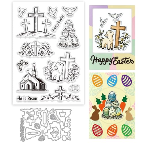 GLOBLELAND Easter Cross Clear Stamps and Metal Die Cuts Spring Easter Egg Transparent Stamp Peace Dove Cutting Dies for Card Making Embossing Scrapbooking - style: Easter Cross