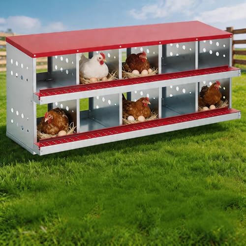 62.99" Metal Chicken Nesting Box, 10-Compartment 2-Tier Poultry Nest Box with Perch and Ventilation Holes, Red Roof Hen Laying Box for Up to 10 Chickens - color: Red A, size: 63.0"L x 18.9"W x 28.0"H