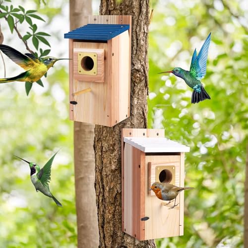 Wooden Outdoor Bird House with Copper Guard, Thickened Wood 2 Pack | 2 pack design, easy assembly, cottage nesting box for bluebird, finch, swallow, wren, chickadee garden use - size: 2 pack