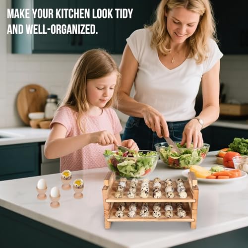 Stackable Wooden Quail Egg Holder Countertop-Expandable Storage Rack with 4 Bonus Egg Cups | Solid Wood Tray with Secure Interlocking Dowels for 48 Fresh Quail & Pigeon Eggs (Single or Multi-Tier Use)