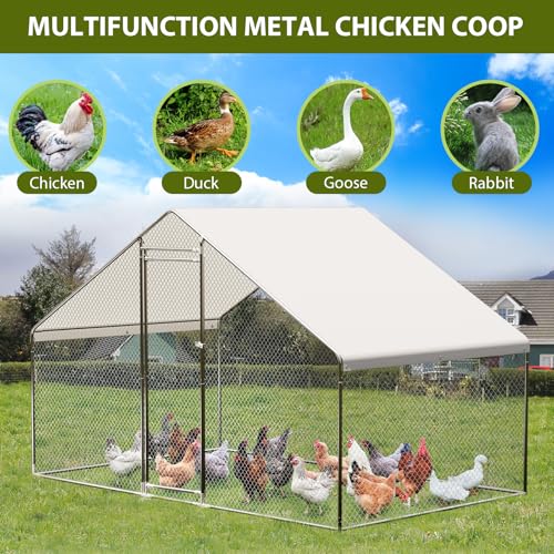 Large Metal Chicken Coop, Large Chicken Run, Walk-in Poultry Cage with Waterproof and Anti-UV Cover for Outdoor Yard Farm Use (9.8' L x 6.5' W x 6.6' H)