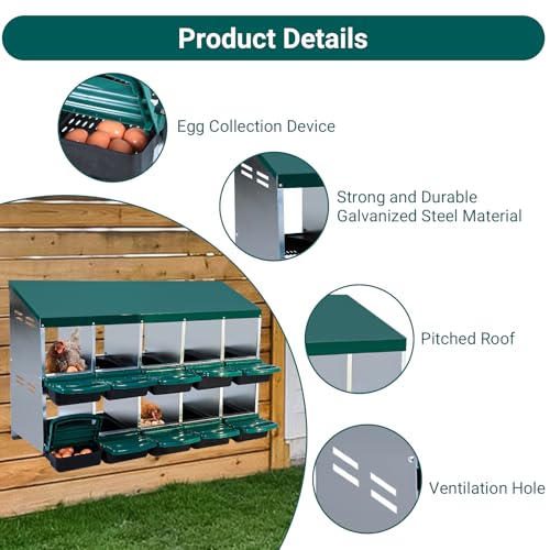 GarveeHome 2-Tier Chicken Nesting Box, 10 Compartment Metal Chicken Laying Boxes with Waterproof Roof ＆ Removable Trays for Hens, Poultry，Easy Egg Collection - color: Green, size: 54.9"L x 17.7"W x 8.1"H
