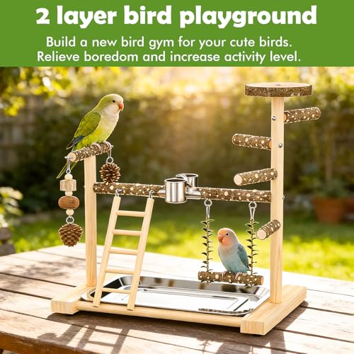 Bird Playground，Natural Wood Bird Perch Stand Parakeet Playground with Swing, Ladder & Feeder Cups，Birds Play Stand for Cockatiel Parakeet Lovebirds Conure - size: 1 layer T2