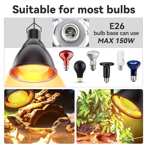 Reptile Heat Lamp,7inch Deep Dome Reptile Light Fixture with 3/6/12 Timer, Infrared Reptile Heat Lamp Max 150W Blub, for Turtle Bearded Dragon Lizards Snake（1PCS 150W Bulb Included）