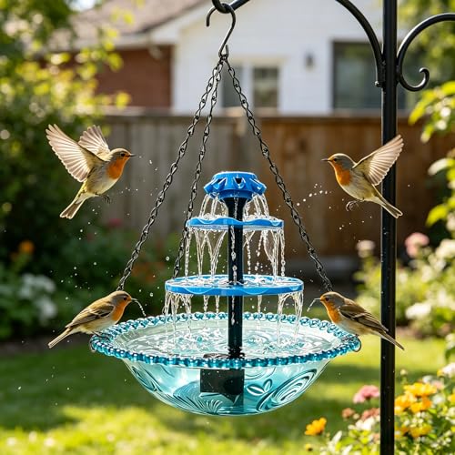 3-Tier Solar Powered Hanging Bird Bath Fountain Cascading Water Feeder for Hummingbirds Wild Birds[16.4FT/Extra Long Cord] for Outdoor,Garden, Patio Decor