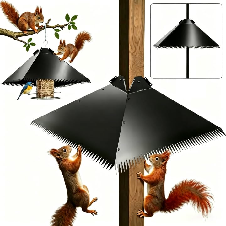17-Inch Metal Squirrel Baffle for Bird Feeder, Heavy Duty 2-in-1 Pole Mount & Hanging Cone Fits 2.5-4.5" Round Poles & 4x4 Wooden Posts, Rustproof Powder-Coated Steel Bird Feeder Accessory