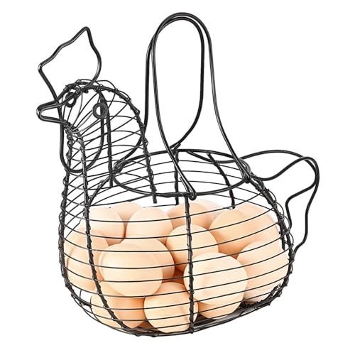 Flexzion Chicken Egg Holder, Black, Rectangular Wire Basket with Handle for Eggs, Fruits, Vegetables, Countertop, Farmhouse Rustic Style - size: Medium Chicken Basket