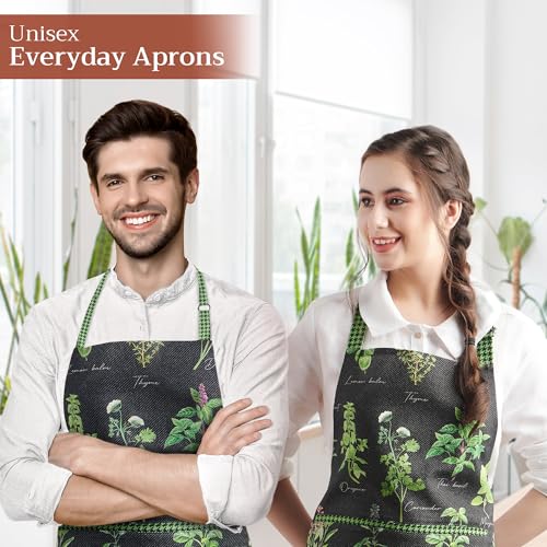 Maison d' Hermine Aprons for women with Pocket 100% Cotton (27.50"x31.50") | Adjustable Neck Strap & long ties Apron Men Chef Wedding Cooking Gardening Server Maid - color: 008 - Fresh Herbs