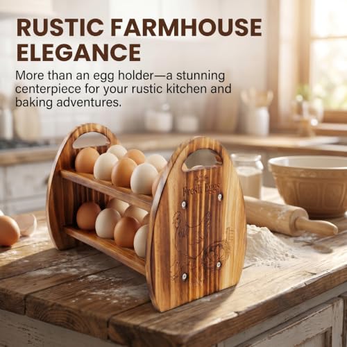 Wooden Egg Holder Countertop, 2-Tier & 24 Holes Rustic Egg Tray Storage | Chicken Quail Duck Turkey Fresh Egg Stand, Farmhouse Style, Cute, Kitchen Display & Organizer, Easy to Assemble, Country Gift