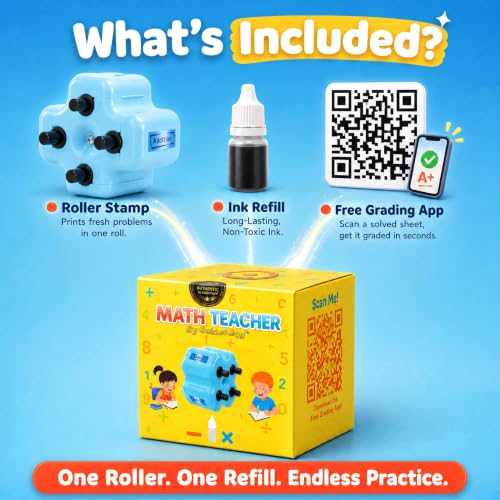 GoldenEgg Math Teacher 4-in-1 Math Roller Stamp, Addition, Subtraction, Multiplication & Fill-in-the-Blank Practice Tool for Kids, Classroom & Home Use (Blue) - color: Blue