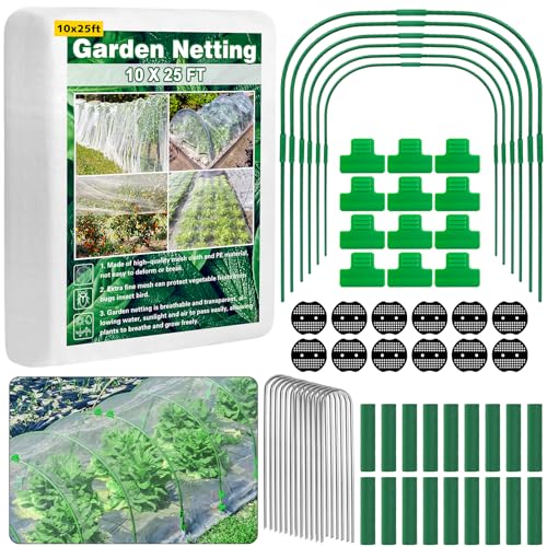 Unves 67 Pcs Garden Netting Kit, 10x25 Ft Ultra Mosquito Bird Netting with 6 Hoops & 12 Clips, Fruit Tree Netting for Patio Raised Beds Vegetable Flowers Protection Barrier - size: 10x25 Ft