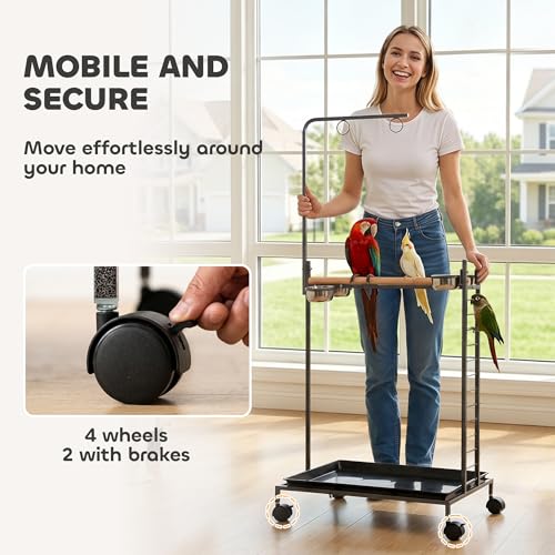 PawHut Bird Stand Parrot Stand with Wheels Wooden Perch Ladder Dark Gray | Stainless Steel Bowls, Slide-out Tray, for Indoor Outdoor Use, for Budgies, Parakeets
