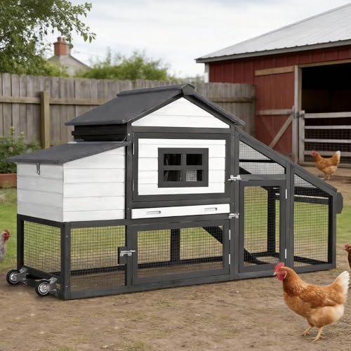Aivituvin Chicken Coop with Run and Wheels, Mobile Outdoor Hen House Wooden Poultry Cage with Waterproof Roof (Black, AIR23) - color: Black, size: 67.3"L x 26.0"W x 39.4"H