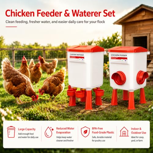 Chicken Feeder and Waterer Set, Chicken Coop Accessories with Hanging Chicken Feeder and Hanging Chicken Waterer Kit No Waste, 3 Gallon/26 Pounds, Red - color: Red, size: 12KG