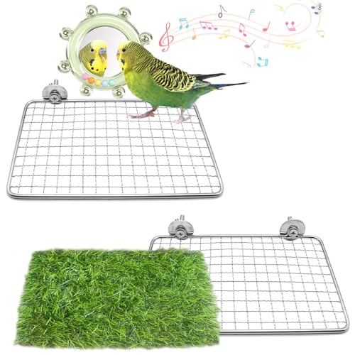 2Pcs Stainless Steel Bird Perch Platform, 7.9 x 6 in,with Soft Pads and Rotating Toy, Flat Mesh Resting Stand for Budgies, Parakeets, Cockatiels, Small and Medium Parrots - color: 7.9x 5.2Inches-2StainlessSteelwithSoftPads