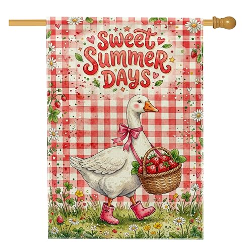 Goose House Flag, Summer Playful Strawberries Basket Summer Red Double Sided Burlap Front Porch Decorative Flags for Outdoor Patio Yard Lawn Entrance Balcony 28x40 Inch - size: 28x40 Inch