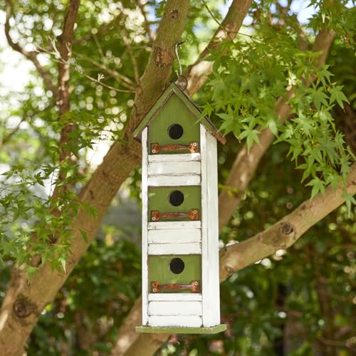 Glitzhome Bird Houses for Outside, Blue Bird Houses for Outdoors,18" H Distressed Outdoor Garden Wooden Birdhouse Decorative Hanging Bird House with Shutter Texture for Hummingbird,Sparrow,Wren Finch - color: 18"H 3-Tier