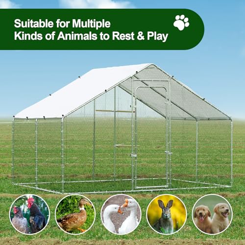 Large Metal Chicken Coop Heavy Duty Chicken Pens Outdoor with Top Walk in Poultry Cage Chicken Run Dog Kennel with Water Resident and Anti-UV Cover for Yard with Cover Duck Rabbit Cage - size: 117.6"L x 79.2"W x 79.2"H