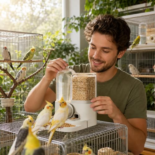 2-in-1 Automatic Bird Feeder and Water Dispenser, 250ml Gravity Water Station & 300g Seed Feeder for Cage Birds, No-Spill Feeding System for Budgies, Parakeets, Finches and Small Birds