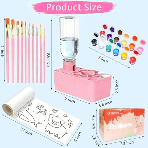 Paint Brush Cleaner Tool,Painting Running Water Circulation Art Supplies,with Brushes,Colors Paint,Watercolor Paper,Paint Station Creative Gift for Kids Girls Adult Artist Beginners - color: Pink