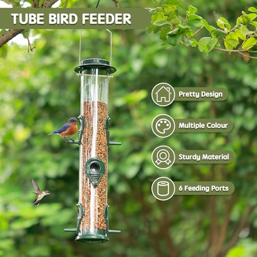 1PK Metal Wild Bird Feeder,Squirrel Proof Bird Feeders for Outside,Hanging 6 Port Tube Bird Feeder Transparent Finch Bird Feeder for Attracting Birds in Your Lawn, Garden, Balcony-Green - color: Green