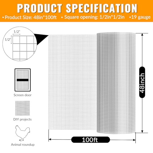 Hardware Cloth 1/2 inch 48 x 100 ft Galvanized Chicken Wire Fencing 19 Gauge Heavy Duty Hot Dip Galvanized Wire Fence Roll for Chicken Poultry Coop, Animal, Fencing,Garden Protection - color: Silver, size: 48 x 100 1/2 inch