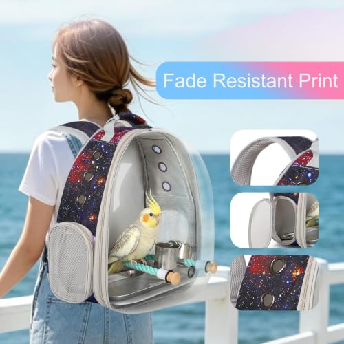Galaxy Bird Carrier Backpack, Water and Food Cup, Tray and Perch, Clear Bubble Space Capsule Travel Bag - color: Galaxy Blue