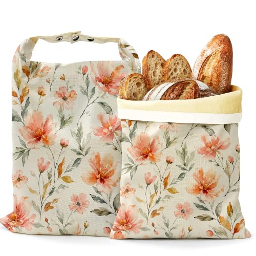 2 Pack Beeswax Linen Peach Blossom Bread Bags, Watercolor Floral Reusable Fresh Keeping Bags for Sourdough & Baguette, Freezable Portable Bread Storage Container 17×13'' - color: Peach Blossom