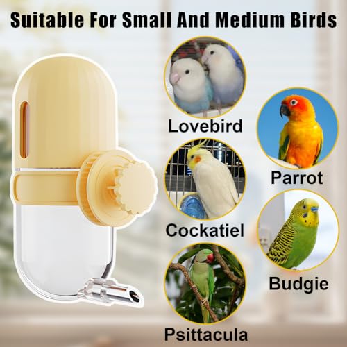 Bird Water Dispenser, 240ML Detachable Bird Drinking Bottle Automatic Birds Water Feeder for Small-Medium Parrots Budgies Lovebirds Parakeets Cockatiels - color: Yellow