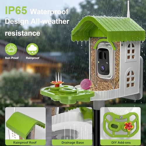 Smart Bird Feeder with Camera Solar Powered, AI Species Identification, 2K HD Video, Instant Arrival Alerts, Weatherproof Design for Outdoor, Best Gift for Bird Lovers(Green) - color: Green