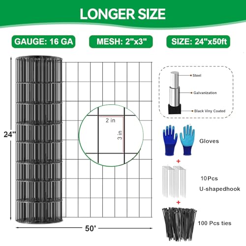 Welded Wire Fence 24inch x 50ft, 2inch x 3inch Black Chicken Wire Fencing, 16Gauge PVC Coated Garden Wire Fence Rolls, Anti-Rust Metal Fencing for Yard Plant Protection Poultry Netting - size: 2ft x 50ft