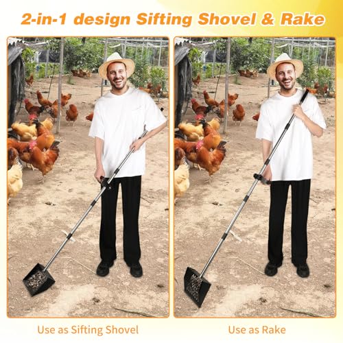Rypet Chicken Poop Scooper & Rake 2-in-1, 36-74 in Stainless Steel Handle | 10-Inch Sifting Scoop, Sifting Holes with Side Rims, Long Handle Helps Reduce Bending, Rinses Clean, Wall Clip Storage