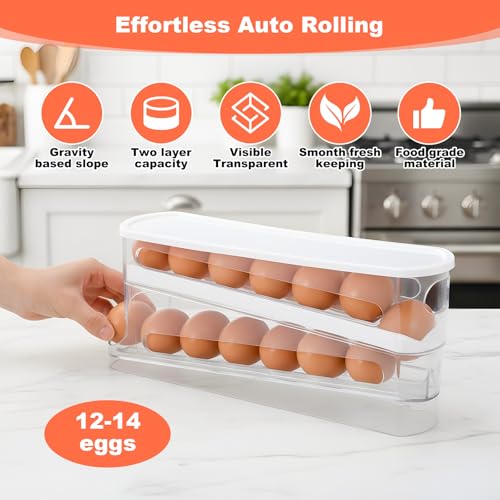 2 Pack Egg Dispenser for Refrigerator 4 Floors Eggs Holder for Fridges | Auto Rolling Fridge Egg Carton,14 Grid Space Saving Clear Eggs Storage Box,Rolls Stackable Container, with Lid for Kitchen