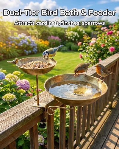 Dual Tier Deck Mounted Bird Bath with Feeder for Railing | Dual Levels for Backyard Bird Watching, Ideal for Cardinals, Finches & Sparrows, Adjustable Clamp Fits Decks, Easy Clean