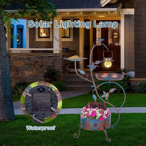 dreamysoul Metal Bird Bath for Outside, Birdbaths Outdoors with Planter and Feeder, Garden Blue Bird Baths with Solar Lights