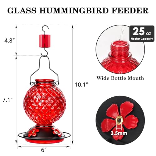 25 OZ Glass Hummingbird Feeder for Outdoors, Leak Proof Hummingbird Feeder with Ant Moat, 4 Bee Resistant Feeding Ports, Easy Clean Wide Mouth Design, Hanging Nectar Feeder, Red - color: Red - 25oz