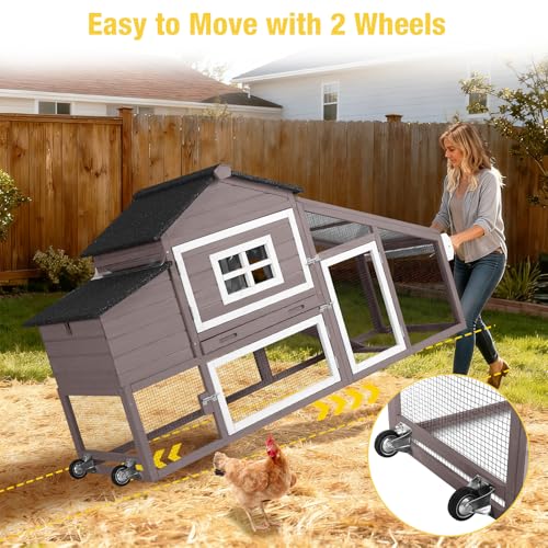 Aivituvin Mobile Chicken Coop with Wheels for 2-4 Chickens, Backyard Expandable Chicken House Duck Cage with Run, 2 Nesting Boxes, Easy Clean Pull-Out Tray, Leak-Resistant Asphalt Roof, 72.3"(Brown) - color: Brown, size: 72.3"L x 26.0"W x 39.4"H