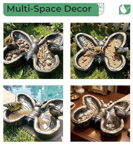 Resin Ground Bird Feeder, Butterfly Bird Feeder Tray | Dual Sections, Heavy Platform Feeder for Outdoor Garden Yard Patio Lawn, Hand-Painted Decor, 13.6 Inch - color: Bronze & Blue Patina