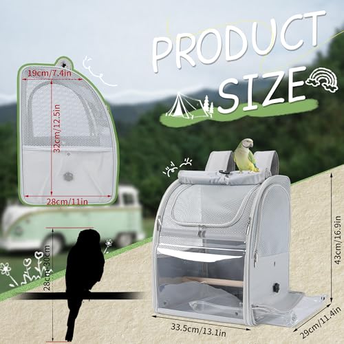 Sanmoncare Bird Carrier Backpack with 2 Adjustable Perches, Water-Repellent Parrot Travel Cage with Stainless Steel Tray, Breathable Pet Carrier for Cockatiels, Conures and Vet Visits - color: Grey