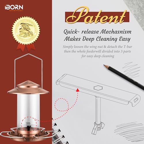 Bird feeders for Outdoors Metal Chew Resistant Copper-Plating, 1PK | Metal Roof, Metal Tray, Fixed Hanger, Flip-Top Fill, 3 Perches, Easy-Clean, 1.32lb - color: Brushed Copper, 1.5LB, 3 Perches