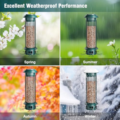 Large Squirrel Proof Bird Feeder with Removable Base, Weight-Activated Cage, Easy to Clean & Spill-Proof, 5 Perches, 4 lb Capacity, Tube Metal Bird Feeder for Outdoors Cardinals, Finches - color: Green