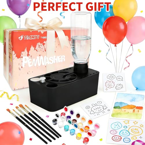 Paint Brush Cleaner Tool,Painting Running Water Circulation Art Supplies,with Brushes,Colors Paint,Watercolor Paper,Paint Station Creative Gift for Kids Girls Adult Artist Beginners (Black) - color: Black