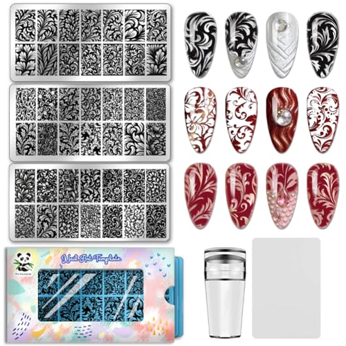 PH PandaHall 3pcs Swirls Nail Stamping Plates 42 Styles Vintage Swirly Nail Art Templates Romantic Swirl Floral Stainless Steel Image Plate Stencils with Tool for DIY Print Manicures Salon Design - style: Swirls