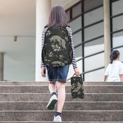 Magical Fox Stars Moons Boho Backpack with Lunch Bag, School Backpack for Teens Boys Girls Kids Travel Backpacks Set - color: Green