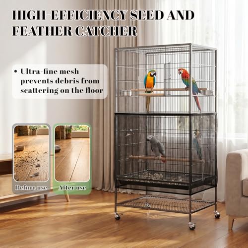 2 Pcs Bird Cage Seed Catcher,Adjustable Elastic Bird Cage Skirt Breathable Nylon Mesh Seed Catcher for Birds Cages Budgie Parrot Parakeet Enclosures(Black,White)