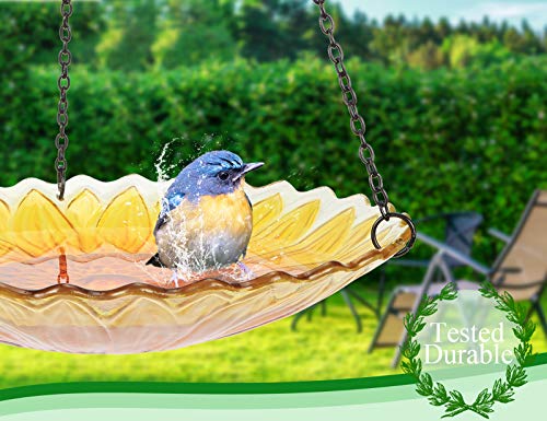 Hanging Glass Bird Bath Sunflower Outdoor Birdfeeder Garden Decor | 11-inch Hanging Glass Bird Bath and birdfeeder with Water Ripple Rim for Outdoor Yard Patio Decor, Bird Drinking and Bathing - color: Orange