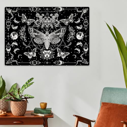 Gothic Death Moth Black and White Tapestry Banner Flag 28.5x20 Inch | Celestial Moon & Floral Wall Decor for Bedroom Living Room Dorm Witchy Space,Perfect Gifts for Goth Fans Dark Aesthetic Lover - color: Multi 0666